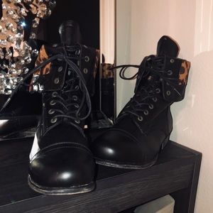 Bamboo | Black Leopard Combat Boots